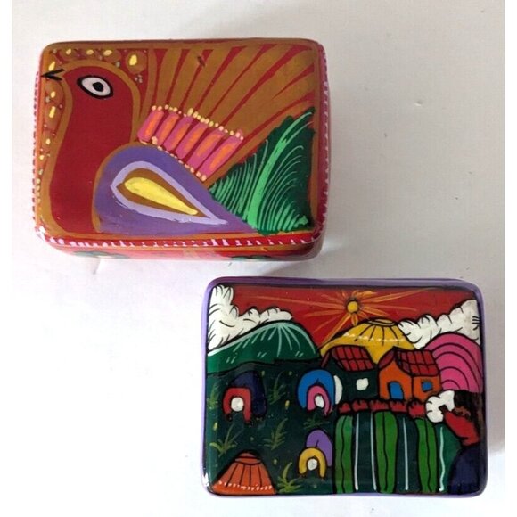 Lot Of 2 Folk Art Pottery Trinket Boxes Tonala Mexico Handmade Terracotta 3.5 in - Picture 2 of 8